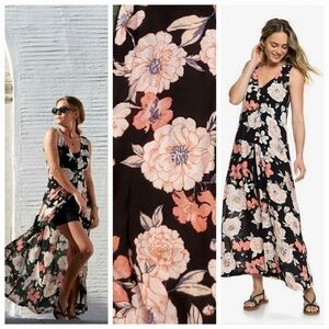 Roxy NEW Skirted Romper Dress Medium Summer Floral Sleeveless Black White Orange